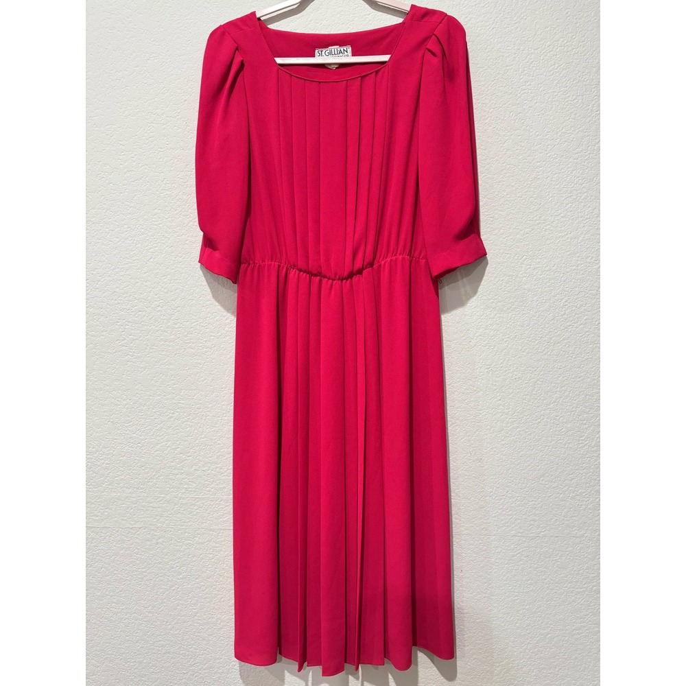 Vintage St Gillian Kay Unger Midi Dress‎ Large Pink Pleated Puff Sleeve Classic